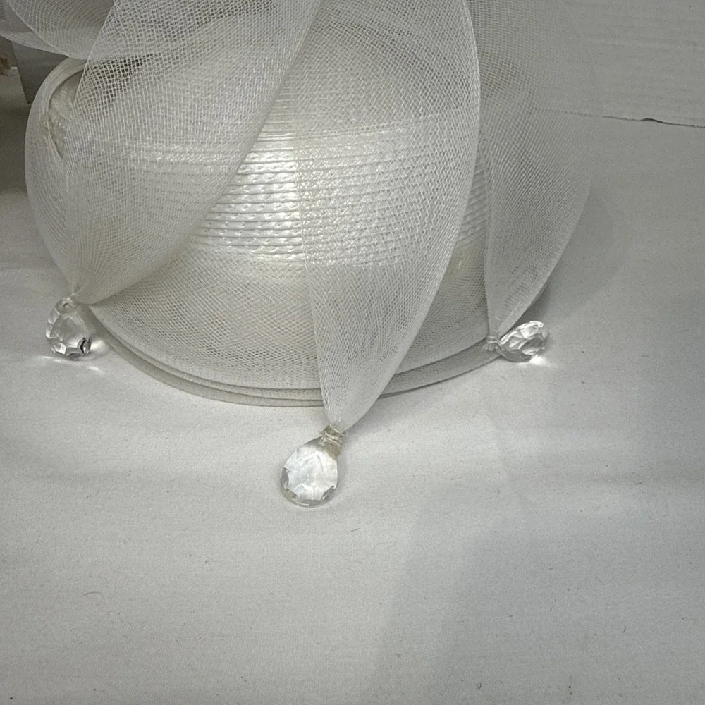 White Church Derby Hat Lg Bow Rhinestone, Formal Wedding Tea Party W/Hard Box